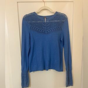 FREE PEOPLE | Colette Pointelle Detail Sweater BLUE long sleeve lace detail boho